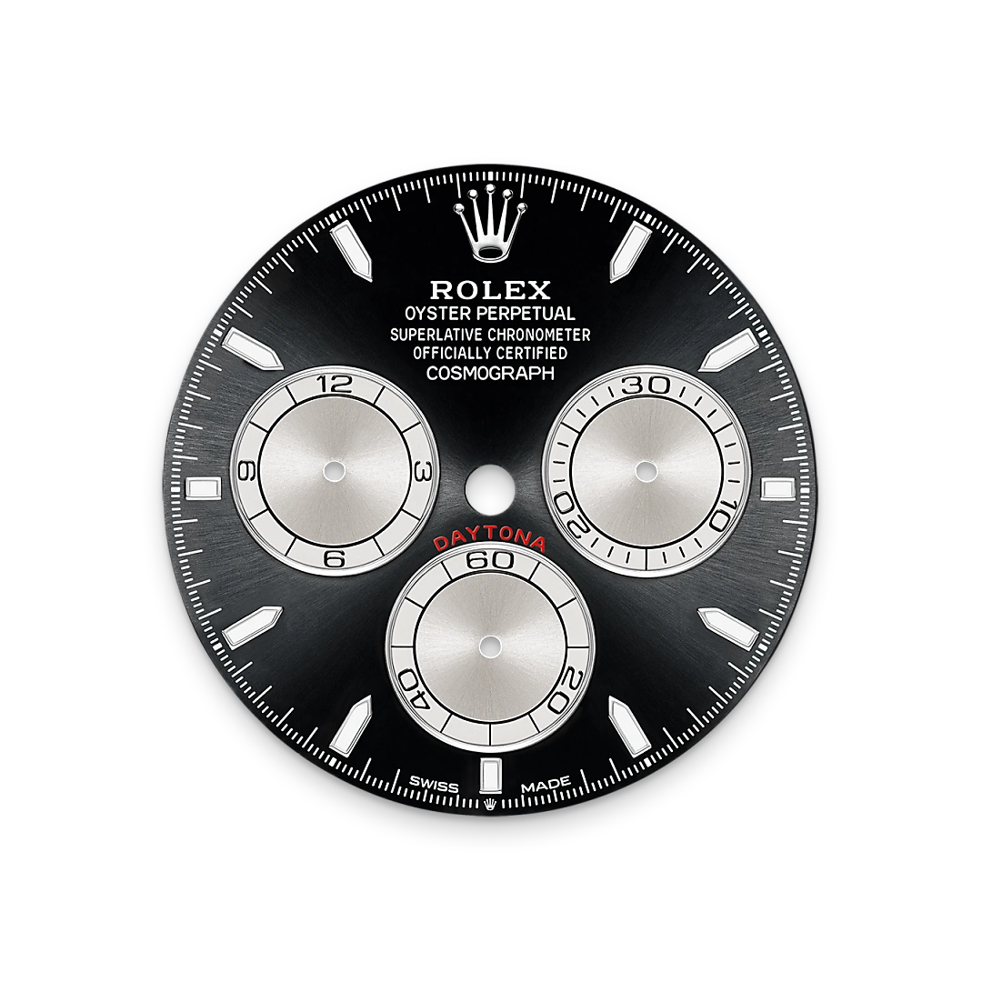 Impression zu Zifferblatt in strahlend Schwarz und Stahl des Rolex-Modells Cosmograph Daytona